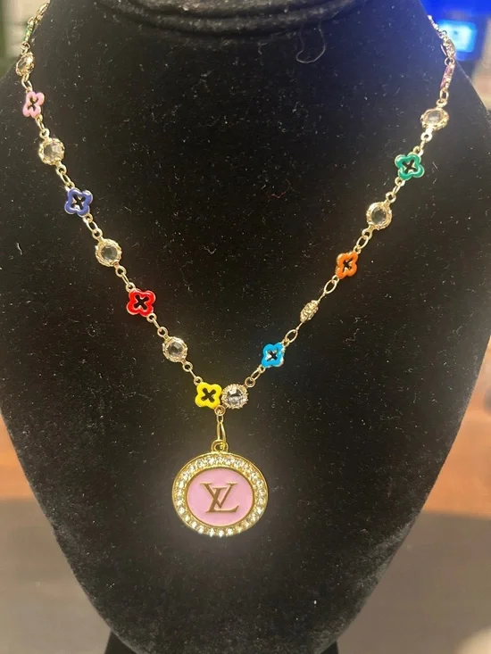 Gold-Tone Multicolor Flower Charm Necklace with Pink Logo Medallion& bracelet - Picture 3 of 5